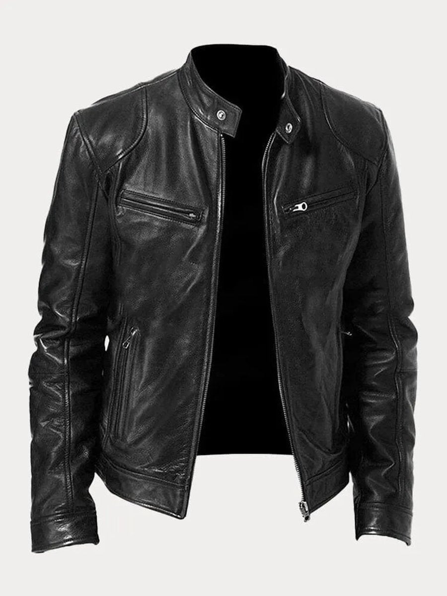 Men's Slim-Fit Quilted Moto Jacket with Stand Collar and Zippered Pockets 0