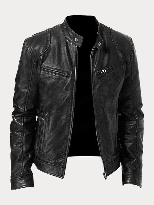 Men's Slim-Fit Quilted Moto Jacket with Stand Collar and Zippered Pockets 0